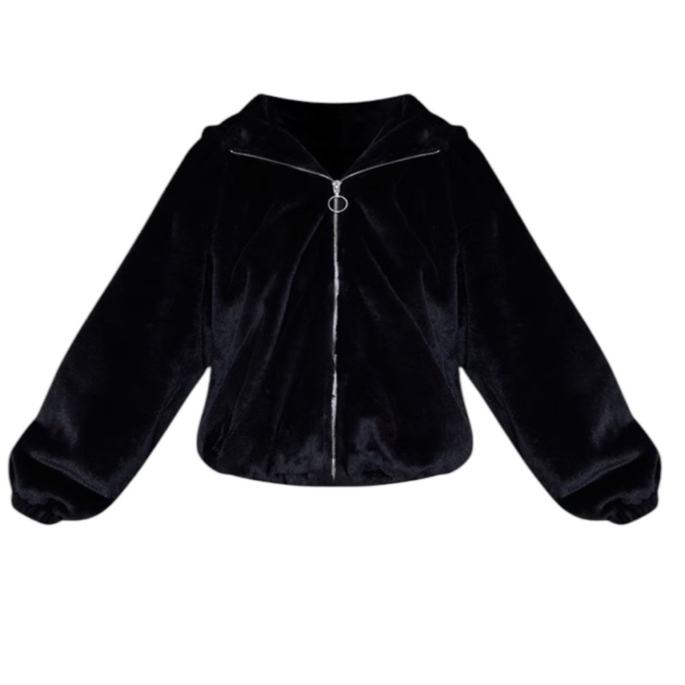 Pretty Little Thing BLACK FAUX FUR BALLOON SLEEVE HOODED JACKET US 6 New